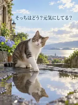 石の地面の水たまりに映る姿へ前足を伸ばす白と縞模様の猫と、「そっちはどう？元気にしてる？」の文字。