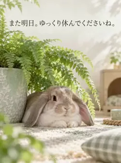 鉢植えのシダの大きな葉の下で、垂れ耳のうさぎが前足を胸の下に入れて休んでいる。