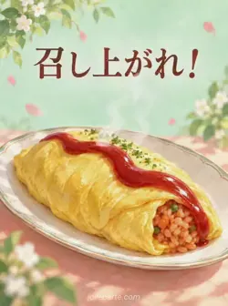 淡いミント色の背景に、赤いケチャップをかけたオムライスが白い楕円皿に載っている。