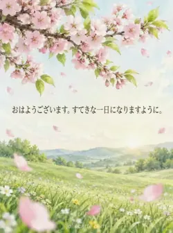 明るい空と緑の草原を背景に桜の枝が横へ伸び、淡い桃色の花びらが舞っている。
