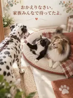 楕円のマットで休む白黒の猫とシェットランドシープドッグが、近づくダルメシアンを迎えています。