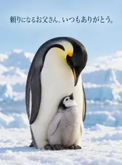 雪の上で、皇帝ペンギンの父親が足の上の灰色のひなをおなかの下に守り、顔を近づけています。