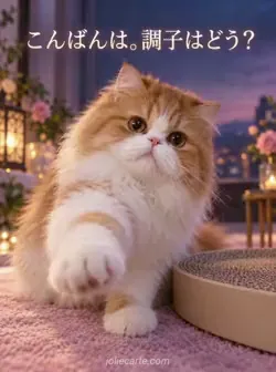 丸い爪とぎのそばで、こちらへ前脚を伸ばす赤茶と白のペルシャ猫。「こんばんは。調子はどう？」の文字。