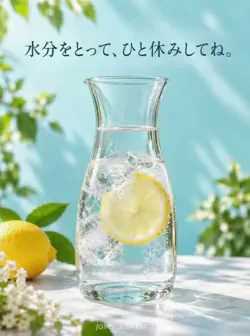 淡いターコイズ色の背景に、氷とレモンの輪切りが入った透明な水差し。「水分をとって、ひと休みしてね。」の文字。