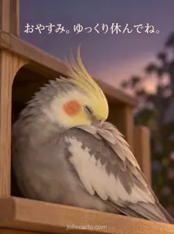 木の寝ぐらで、肩の羽にくちばしをうずめるオカメインコ。「おやすみ。ゆっくり休んでね。」の文字。