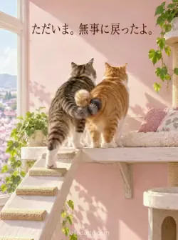 淡い桃色の壁の前の広い棚で、戻った猫が仲間のしっぽに自分のしっぽを絡める姿と、無事の帰宅を伝える文面。