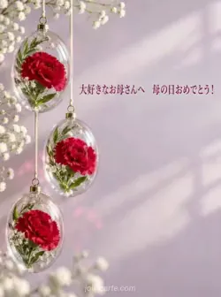 淡いライラック色の壁の前に、赤いカーネーションを収めた三つの楕円形のガラス飾りが下がるカード。