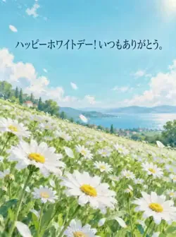 青緑の空の下、緑の丘に広がる白いデイジーの絵。「ハッピーホワイトデー！いつもありがとう。」の文字。