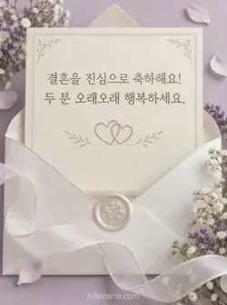 연한 라일락빛 배경 위 흰 리본을 두른 진주빛 봉투에서 은빛 테두리의 상아색 카드가 올라오는 모습. 결혼 축하 문구 아래에는 서로 얽힌 작은 하트 두 개가 도드라져 있어요.