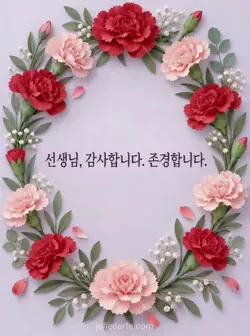 연보라색 배경에 붉은색과 연분홍색 종이 카네이션으로 만든 타원형 화환이 있고, 가운데 선생님께 감사와 존경을 전하는 문구가 적힌 카드