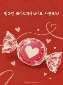 붉은 배경 아래쪽에 투명한 포장지로 싼 진분홍 사탕과 상아색 하트가 있고, 위쪽에 화이트데이 인사와 사랑 고백이 적힌 그림 카드