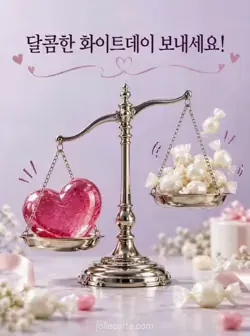 연보라색 배경의 은빛 양팔저울에 큰 붉은 하트 사탕 하나와 작은 포장 사탕 더미가 각각 놓이고, 위쪽에 달콤한 화이트데이를 바라는 인사가 적힌 카드