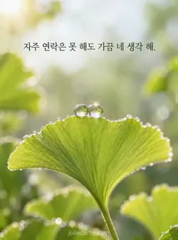 연한 초록 배경 앞 은행잎 위 두 이슬방울이 하나로 모이는 모습과 자주 연락하지 못해도 가끔 생각한다는 문구