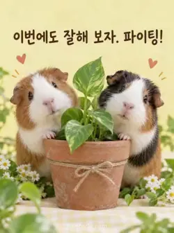 연노란 배경에서 초록 잎이 난 낮은 토분 양옆으로 두 기니피그가 고개를 내밀고 함께 힘내자는 문구가 있는 카드