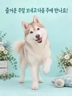 밝은 물빛 배경에서 고개를 기울이고 앞발 하나를 든 크림색과 흰색 허스키