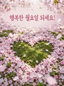 초록 이끼 위 분홍색과 흰색 벚꽃잎 사이에 드러난 하트 모양