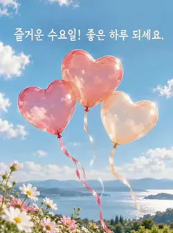 파란 하늘로 올라가는 반투명 산호색과 살구색 하트 풍선 세 개