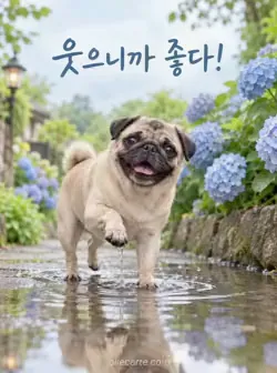 푸른 수국이 보이는 정원 길의 얕은 물웅덩이에서 퍼그가 앞발을 들고 있으며 웃으니까 좋다는 문구가 있는 카드