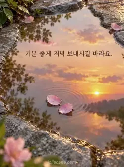 회색 정원 돌 위 물웅덩이에 살구빛 저녁 하늘이 비치고 분홍 꽃잎 두 장이 떠 있는 풍경에 저녁 인사가 담긴 카드