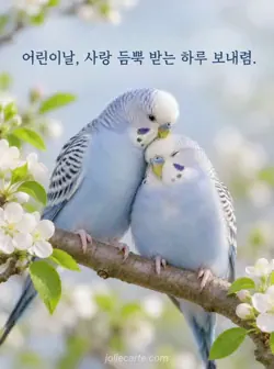 흰 꽃이 핀 사과나무 가지에서 한 잉꼬가 다른 잉꼬의 머리 깃털을 다듬는 모습