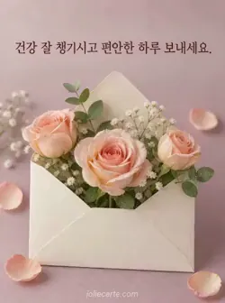 차분한 자주색 배경의 열린 크림색 봉투에서 펼쳐지는 복숭아빛 장미와 건강 안부 문구