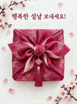 흰 배경 위 진분홍 보자기로 감싼 선물을 위에서 본 모습과 행복한 설날을 바라는 인사