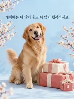 하늘색 배경에서 설 선물 꾸러미 옆에 앉아 고개를 기울인 골든 리트리버와 더 많은 웃음과 행복을 바라는 문구