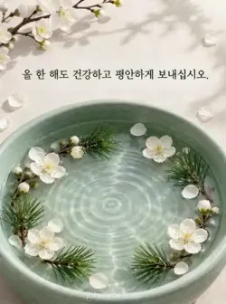 상아색 천 위의 넓고 얕은 청자 그릇을 위에서 본 카드입니다. 맑은 물 위에 흰 매화와 솔가지가 원형으로 떠 있고 위쪽에 건강하고 평안한 한 해를 비는 문구가 있습니다.