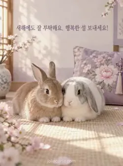 전통 꽃 자수 방석 앞 돗자리에 토끼 두 마리가 나란히 앉은 새해 부탁과 설 인사 카드