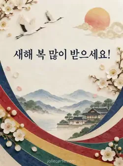 아이보리 바탕의 새해 인사말을 색동 한지 띠와 작은 매화 장식이 감싸는 카드