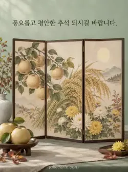 청자색 배경에 배와 벼 묶음, 국화 그림이 이어진 세 폭 병풍과 추석 평안 인사